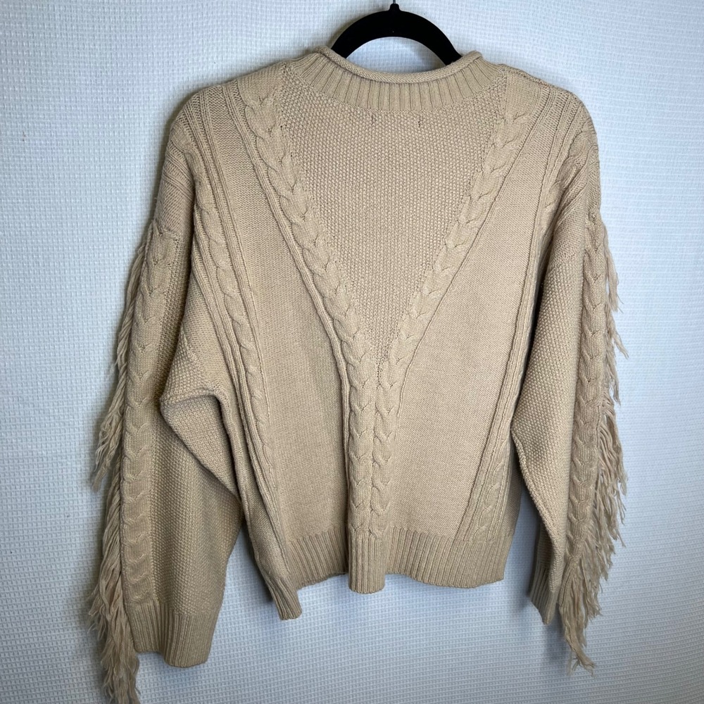 New Look Womens XL Beige Cable‎ Knit Fringe Sleeve Crew Neck Sweater - Picture 4 of 5